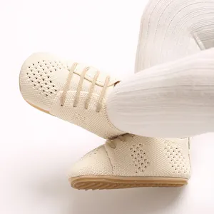 Close-up view of breathable knit mesh baby walking shoes with anti-slip rubber sole