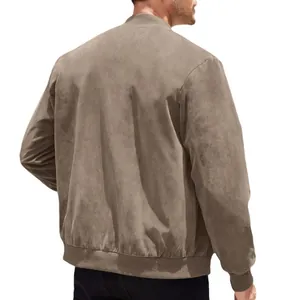 Classic men's retro khaki faux suede bomber jacket with full zipper back view details