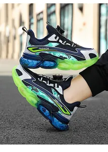 Boys breathable mesh running shoes with rotary button closure and soft sole detail
