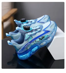 Detailed side view of boys' blue mesh running shoes with rotary buckle system