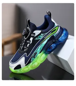 Kids breathable mesh running sneakers with rotatable dial lace system in blue and green