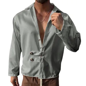 Chemise décontractée grise à manches longues pour hommes avec taille à double bouton