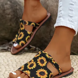 Dames Etnische Zonnebloem Print Platte Slides PU Rubberen Zool Slijtvaste Zomer Strand Slippers Boheemse Bloemen Sandalen