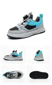 Children's breathable sports sneakers shown from multiple angles with rotary buckle