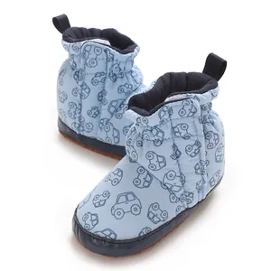 Soft blue quilted cotton infant boots featuring cute cartoon car patterns for newborns