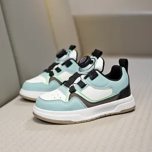 Kids breathable leather sneakers with stylish rotary buckle closure in light blue and white