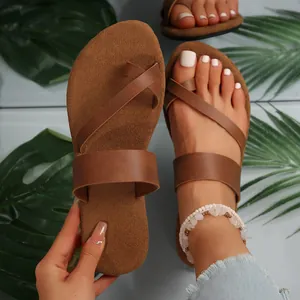 Women's Toe Loop Flat Sandals Casual PU Leather Rubber Sole Beach Flip Flops Outdoor Summer Holiday Big Size Slides