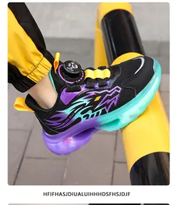 Boys breathable mesh running shoes with colorful flame design and glowing LED soles