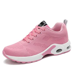 Comfortable breathable pink mesh sports running shoes for women with air cushion sole