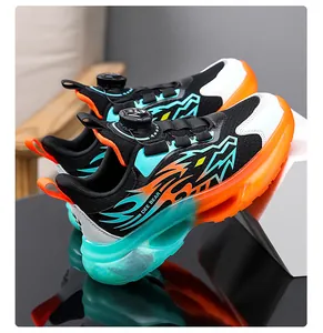 Detailed side view of boys breathable mesh running shoes with flame pattern and dial lace