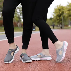 Detailed view of breathable mesh mules on models for casual outdoor wear