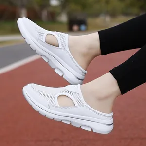 Detailed side view of breathable white mesh mules featuring a comfortable slip-on sport design