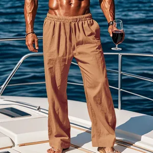 Men's relaxed fit cotton linen trousers in khaki color for a casual summer holiday