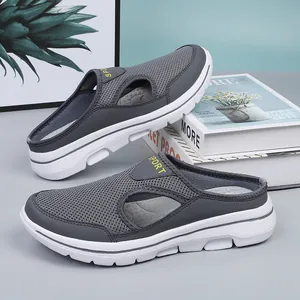 Comfortable grey breathable mesh casual clogs with lightweight thick sole and Sport logo