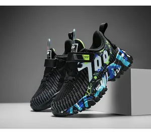 Detailed view of boys' breathable mesh sneakers with vibrant blue camouflage patterns