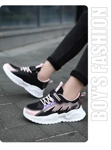 Detail view of breathable girls' pink and black running sneakers for spring and autumn