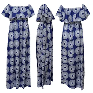 Vestido largo azul con hombros descubiertos y estampado geométrico, vista multiángulo.