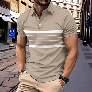 Lässiges khakifarbenes Herren-Poloshirt mit Streifen, Kurzarm und stilvollem Knopfkragen