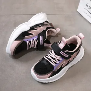 Pink and black breathable mesh running sneakers for girls with thick white cushioning soles