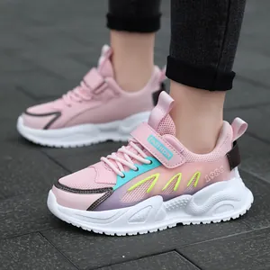Breathable pink mesh sports running shoes for girls with fashion velcro strap and white sole
