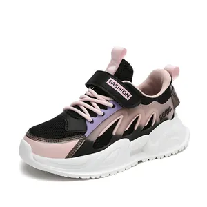 Breathable pink and black mesh running shoes for girls with Velcro strap