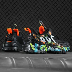 Boys breathable mesh sneakers with colorful graffiti soles for running and sports
