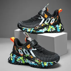 Boys breathable mesh running sneakers with colorful graffiti soles and 700 design