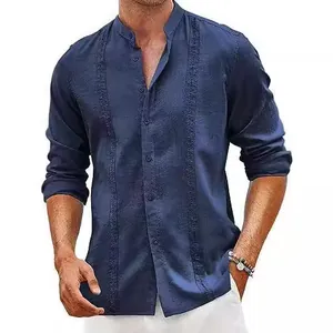 Close-up view of navy blue linen-cotton blend shirt with stand collar and textured stripes