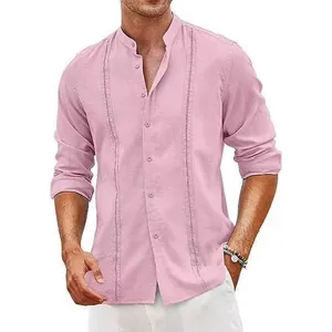 Camicia casual da uomo in misto cotone e lino rosa con colletto alla coreana e maniche