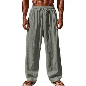 Lockere Herren-Leinenhose mit geradem Bein und verstellbarem Kordelzug in Graugrün.