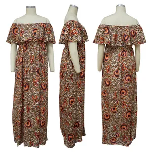 Vista de tres ángulos del vestido largo con estampado floral y hombros caídos