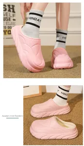 Detailed view of pink platform plush slippers featuring soft warm lining and wave pattern
