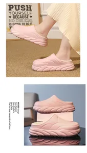 Detailed showcase of pink platform cotton slippers with thick warm plush lining