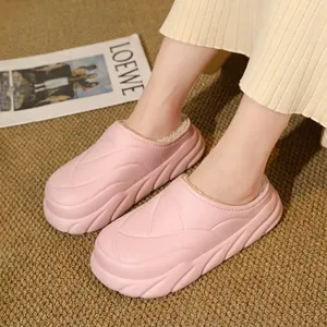 Thickened plush lined cotton slippers for women in pink with anti-slip platform sole