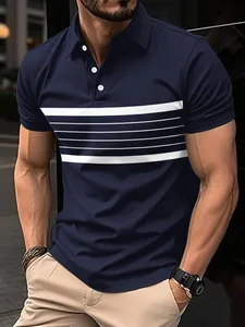 Herren Casual Streifen Polo Shirt Mode Kurzarm V-Ausschnitt Knopf Top Leicht Atmungsaktiv Polyester T-Shirt Daily Wear