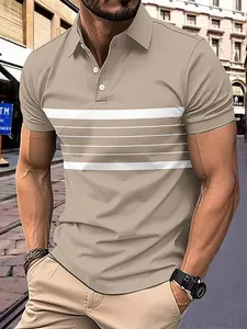 Herren lässiges khakifarbenes Poloshirt mit weißen Streifen und Knopfleiste für den Sommer