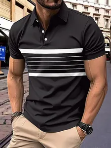 Stilvolles schwarzes Herren-Polohemd mit kurzen Ärmeln und weißen Querstreifen