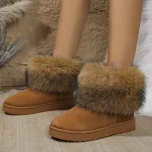 Bottes de neige marron pour femmes en fausse fourrure de renard avec doublure chaude