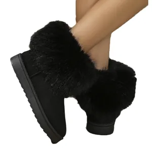 Bottes de neige d'hiver noires pour femmes avec bordure en fausse fourrure et doublure chaude