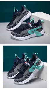 Breathable fly-knit sports shoes for boys featuring teal accents and a comfortable white sole