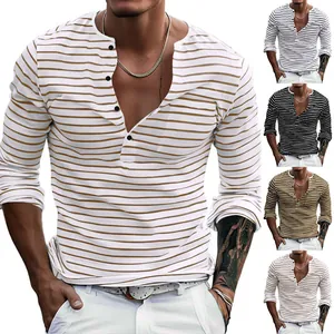 Stylish men's long-sleeved striped Henley T-shirt in various color options slim fit