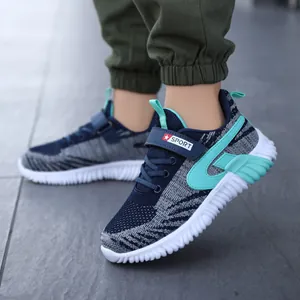 Breathable fly-knit boys sports running sneakers in navy blue with turquoise accents