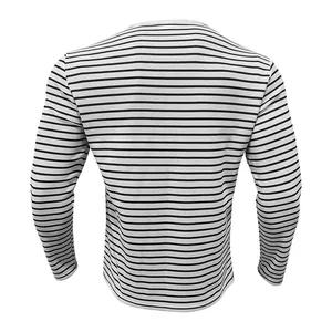 Back view of a slim-fit long-sleeved t-shirt with classic black and white stripes.