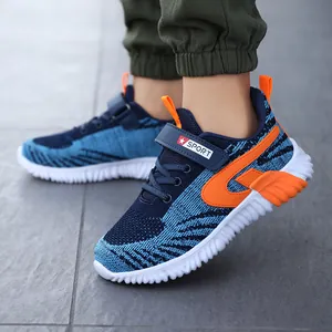 Boys breathable fly-knit running shoes with blue and orange sporty design sneakers