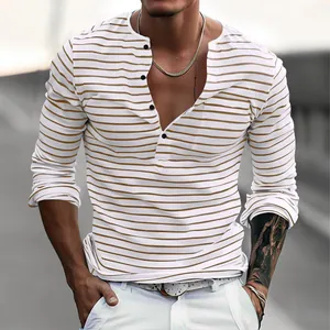 Detailed view of the horizontal stripe pattern and buttoned Henley neck of the men's shirt.