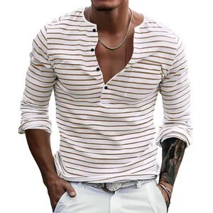 Detail view of men's slim fit striped Henley shirt with pearl pique texture