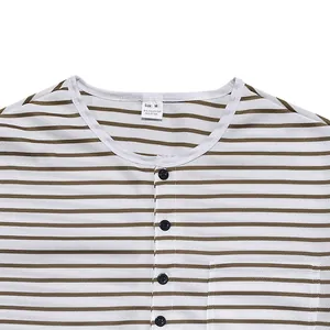 Close-up detail of a striped Henley shirt collar showing pique fabric and the size label
