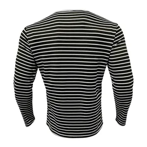 Back view of a men's long-sleeve T-shirt with black and white horizontal stripes