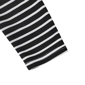 Close-up detail of black and white striped pique fabric on men's T-shirt