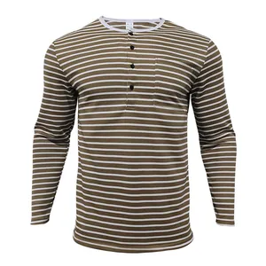 Detailed front view of men's brown and white striped long sleeve Henley t-shirt